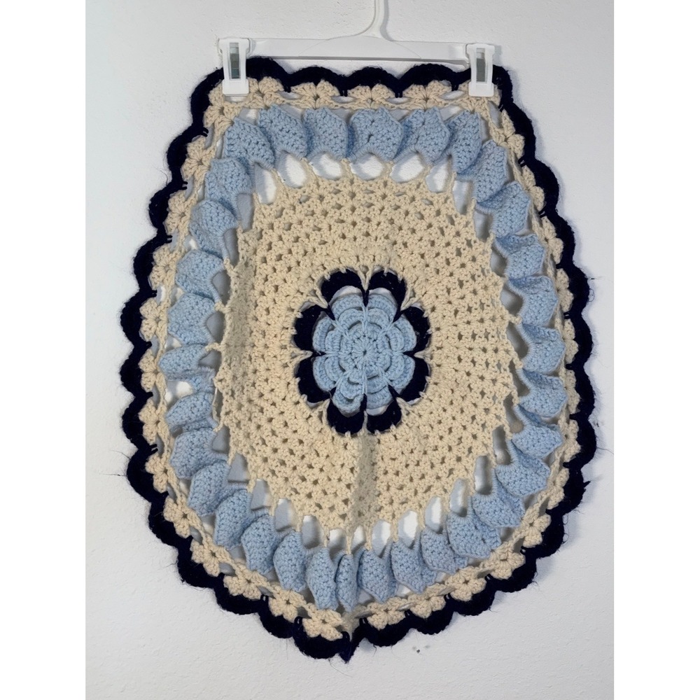 Handmade Crochet Round Rug Floral Blue Cream Scalloped 24 Inch Cottagecore Decor